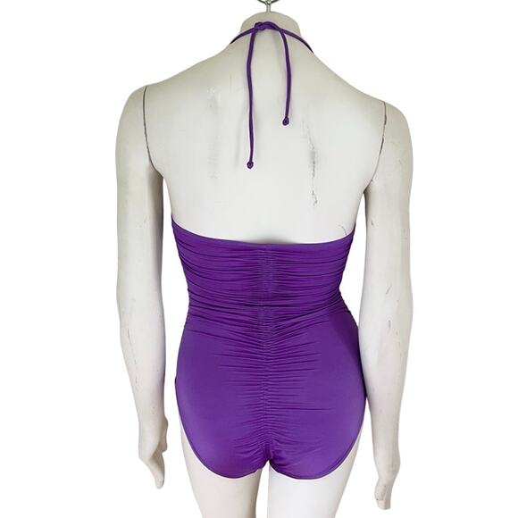 VTG 50s DE WEESE DESIGN Halter Tie Ruched One Piece Swimsuit in Purple SZ 6 - Picture 8 of 12